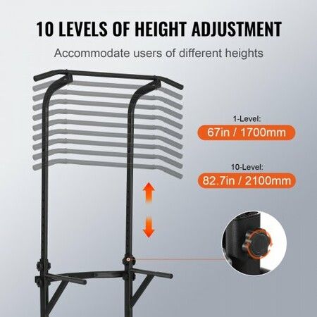 Power Tower Dip Station 10-Level Height Adjustable Pull Up Bar Stand Multi-Function Strength Training Workout Equipment with 4 Suction Foot Covers Home Gym