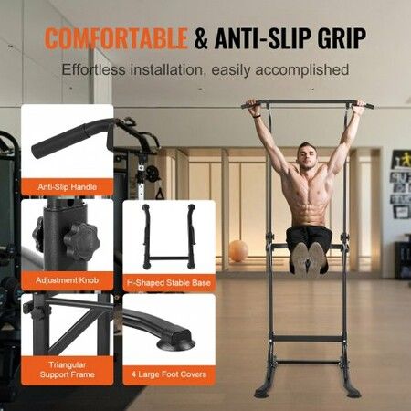 Power Tower Dip Station 10-Level Height Adjustable Pull Up Bar Stand Multi-Function Strength Training Workout Equipment with 4 Suction Foot Covers Home Gym