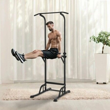 Power Tower Dip Station 10-Level Height Adjustable Pull Up Bar Stand Multi-Function Strength Training Workout Equipment with 4 Suction Foot Covers Home Gym