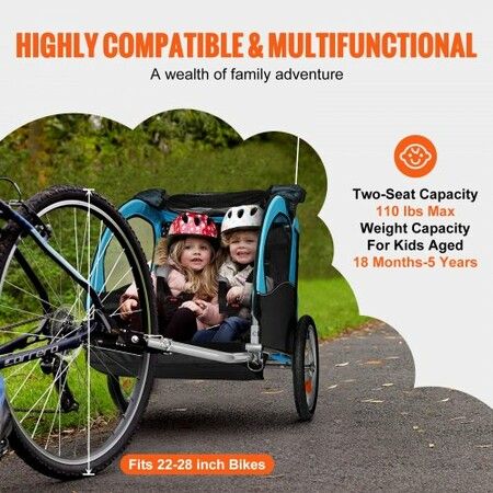 Bike Trailer for Toddlers Kids Double Seat 50 kg Load Tow Behind Foldable Child Bicycle Trailer with Universal Bicycle Coupler Canopy Carrier