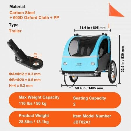 Bike Trailer for Toddlers Kids Double Seat 50 kg Load Tow Behind Foldable Child Bicycle Trailer with Universal Bicycle Coupler Canopy Carrier