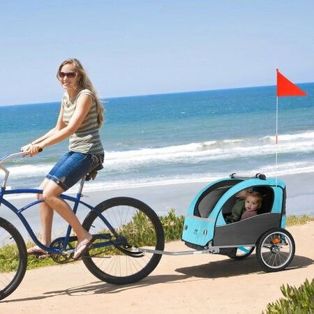 Bike Trailer for Toddlers Kids Double Seat 50 kg Load Tow Behind Foldable Child Bicycle Trailer with Universal Bicycle Coupler Canopy Carrier