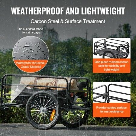 Bike Cargo Trailer 72.5 kg Load Heavy-Duty Bicycle Wagon Cart Foldable w Universal Hitch 406.4 mm Wheels Fits 558.8-711.2 mm Bike Wheels