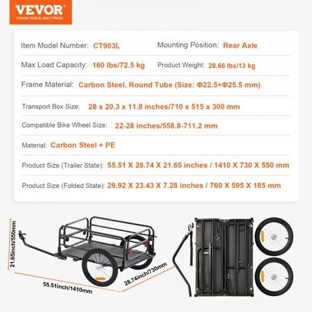 Bike Cargo Trailer 72.5 kg Load Heavy-Duty Bicycle Wagon Cart Foldable w Universal Hitch 406.4 mm Wheels Fits 558.8-711.2 mm Bike Wheels