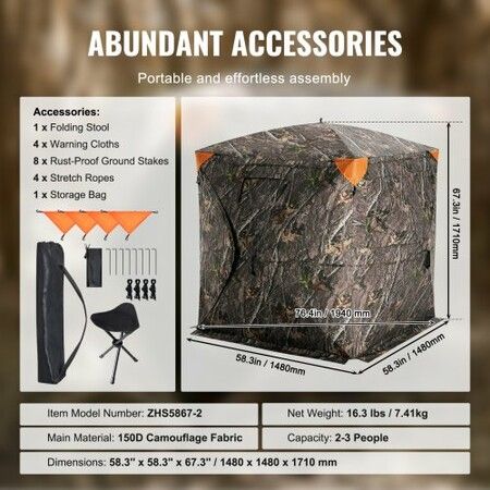 Hunting Blind 270degree See Through Ground Blind 2-3 Person Pop Up Deer Blind for Hunting with Carrying Bag Portable Resilient Hunting Tent