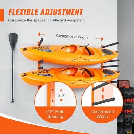 Wall Kayak Storage Rack 4-Capacity Wall Mounted Kayak Holders for Canoe Paddle Board Kayak Storage Hooks with Adjustable Padded Arms 181.6 KG Load Hanger