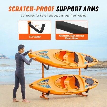 Freestanding Kayak Storage Rack Kayak Stand for 2 Canoe Paddleboard Heavy-duty Steel Hanger Holder with Padded Arms and Adjustable Width 79.5kg Max Load