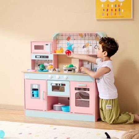 Kitchen Playset Kids Pretend Cooking Play Toy 24 Piece Accessories Pink