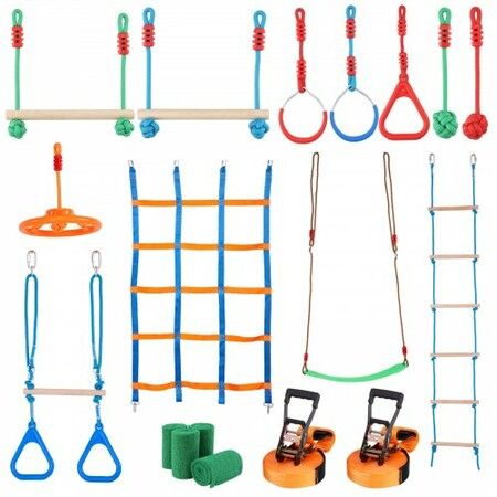 Ninja Warrior Obstacle Course for Kids 2x19.8m Weatherproof Slacklines 500lbs Weight Capacity Monkey Line Outdoor Playset Equipment Backyard Toys Training