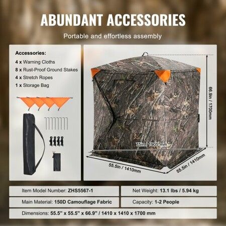 Hunting Blind 270degree See Through Ground Blind 1-2 Person Pop Up Deer Blind for Hunting with Carrying Bag Portable Resilient Hunting Tent