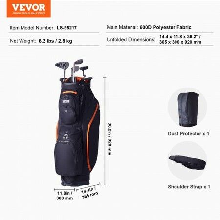 Golf Cart Bag with 14 Way Organizer Divider Top 36inch 13 Pockets Premium Cart Bag Durable 600D Polyester Fabric Golf Bags with Handles & Dust Cover