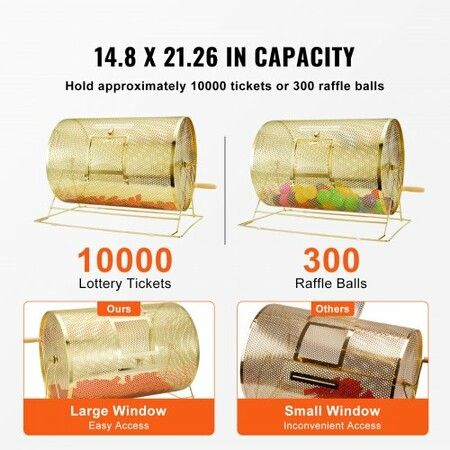 Raffle Drum 14.8 x 21.26 inch Brass Plated Raffle Ticket Spinning Cage Holds 10000 Tickets or 300 Ping Pong Balls Metal Lottery Spinning Drawing w Handle