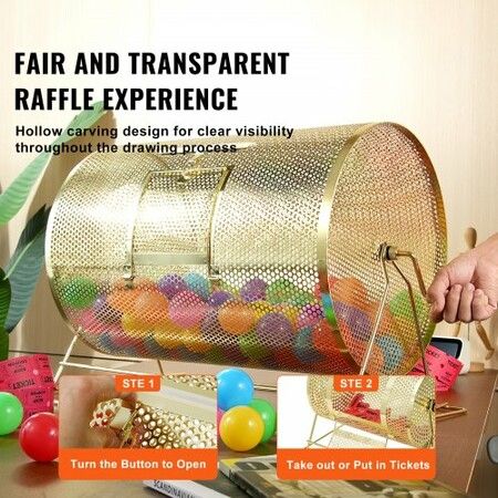 Raffle Drum 14.8 x 21.26 inch Brass Plated Raffle Ticket Spinning Cage Holds 10000 Tickets or 300 Ping Pong Balls Metal Lottery Spinning Drawing w Handle