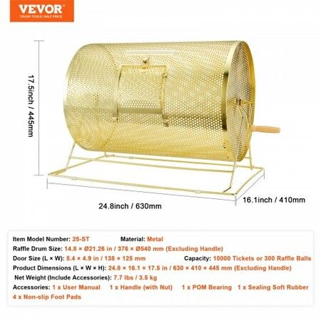 Raffle Drum 14.8 x 21.26 inch Brass Plated Raffle Ticket Spinning Cage Holds 10000 Tickets or 300 Ping Pong Balls Metal Lottery Spinning Drawing w Handle