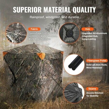 Hunting Blind 270 degree See Through Ground Blind 1-2 Person Pop Up Deer Blind with Carrying Bag Portable Resilient Hunting Tent 3 Horizontal Windows