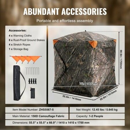 Hunting Blind 270 degree See Through Ground Blind 1-2 Person Pop Up Deer Blind with Carrying Bag Portable Resilient Hunting Tent 3 Horizontal Windows