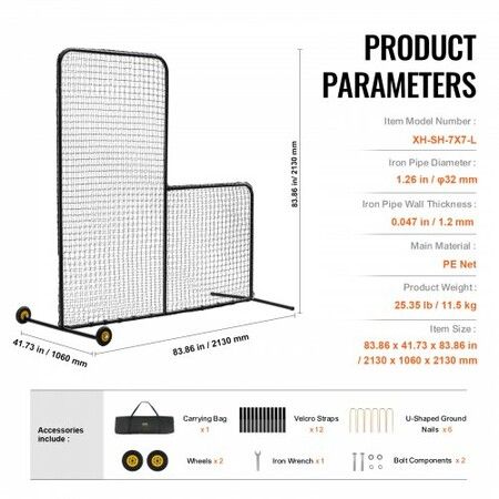 L Screen Baseball for Batting Cage 7x7 ft Softball Safety Screen Body Protector Portable Batting Screen with Carry Bag Wheels Ground Stakes Heavy Duty