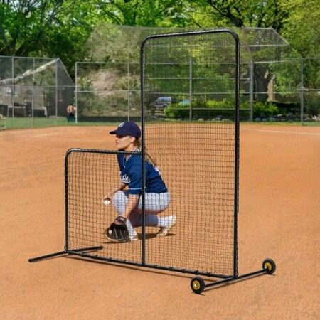 L Screen Baseball for Batting Cage 7x7 ft Softball Safety Screen Body Protector Portable Batting Screen with Carry Bag Wheels Ground Stakes Heavy Duty