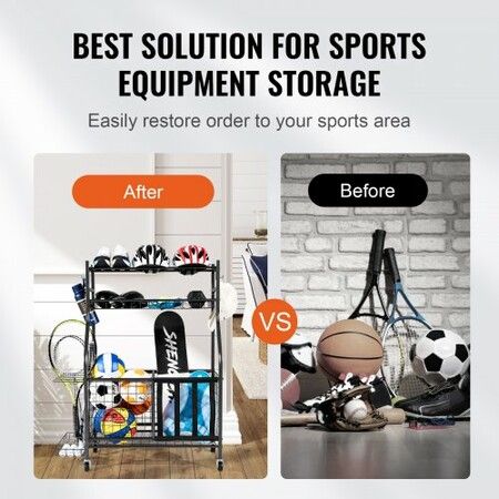 Sports Equipment Garage Organizer Rolling Ball Storage Cart on Wheels Basketball Rack with Baskets & Hooks Indoor/Outdoor Sports Gear and Toys Storage