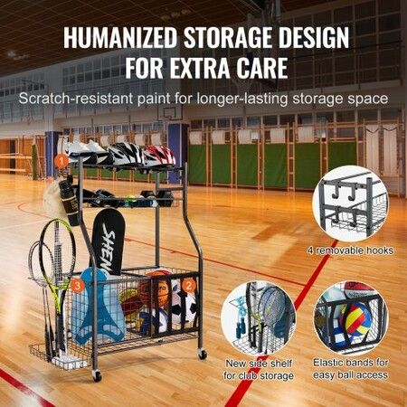 Sports Equipment Garage Organizer Rolling Ball Storage Cart on Wheels Basketball Rack with Baskets & Hooks Indoor/Outdoor Sports Gear and Toys Storage