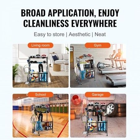 Sports Equipment Garage Organizer Rolling Ball Storage Cart on Wheels Basketball Rack with Baskets & Hooks Indoor/Outdoor Sports Gear and Toys Storage