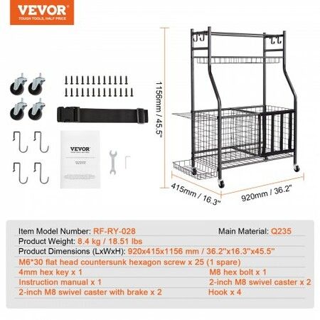 Sports Equipment Garage Organizer Rolling Ball Storage Cart on Wheels Basketball Rack with Baskets & Hooks Indoor/Outdoor Sports Gear and Toys Storage