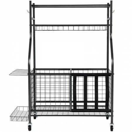 Sports Equipment Garage Organizer Rolling Ball Storage Cart on Wheels Basketball Rack with Baskets & Hooks Indoor/Outdoor Sports Gear and Toys Storage