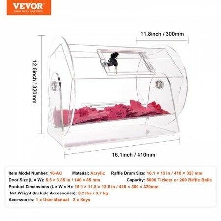 Acrylic Raffle Drum Holds 5000 Tickets or 200 Raffle Balls Professional Raffle Ticket Spinning Cage with 2 Keys Transparent Lottery Spinning Drawing Raffle