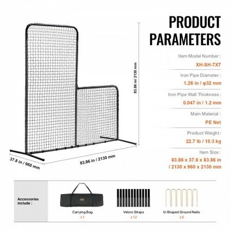 L Screen Baseball for Batting Cage 7x7 ft Baseball Softball Safety Screen Body Protector Portable Batting Screen with Carry Bag & Ground Stakes Heavy Duty