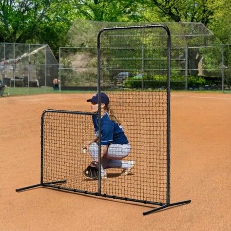 L Screen Baseball for Batting Cage 7x7 ft Baseball Softball Safety Screen Body Protector Portable Batting Screen with Carry Bag & Ground Stakes Heavy Duty