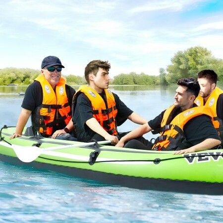 Inflatable Boat 4-Person Inflatable Fishing Boat Strong PVC Portable Boat Raft Kayak 1158mm Aluminum Oars High-Output Pump Fishing Rod Holders and 2 Seats