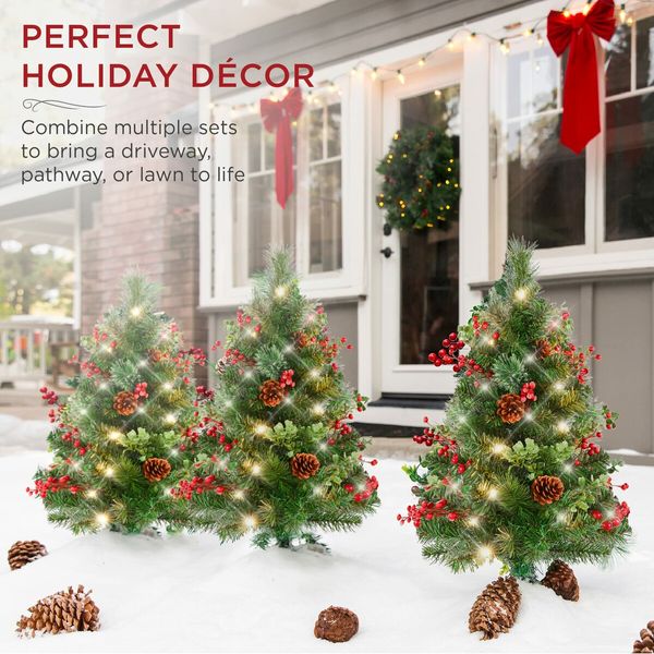 24.5In Outdoor Pathway Christmas Trees,Battery Operated Pre-Lit Holiday Decor w/LED Lights,Red Berries,Pine Cones,Set of 2