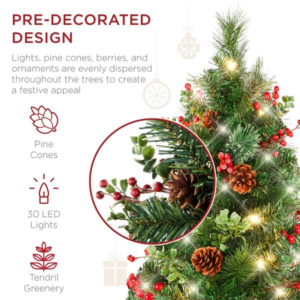 24.5In Outdoor Pathway Christmas Trees,Battery Operated Pre-Lit Holiday Decor w/LED Lights,Red Berries,Pine Cones,Set of 2