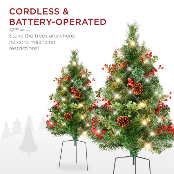 24.5In Outdoor Pathway Christmas Trees,Battery Operated Pre-Lit Holiday Decor w/LED Lights,Red Berries,Pine Cones,Set of 2