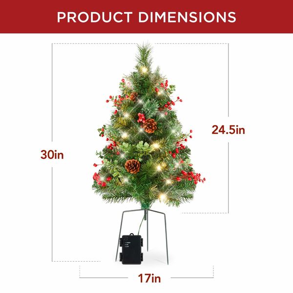 24.5In Outdoor Pathway Christmas Trees,Battery Operated Pre-Lit Holiday Decor w/LED Lights,Red Berries,Pine Cones,Set of 2