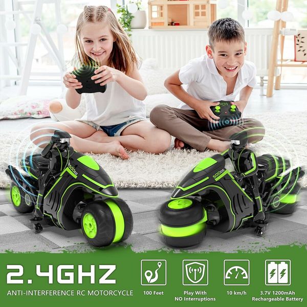 Remote Control Motorcycles, 360 Degree Spinning Action Rotating Drift Stunt Motorbike 2WD High Speed Rc Motorbikes for Kids Boys Age 5 Up , Green