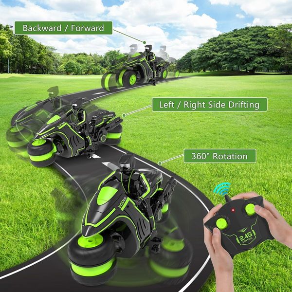 Remote Control Motorcycles, 360 Degree Spinning Action Rotating Drift Stunt Motorbike 2WD High Speed Rc Motorbikes for Kids Boys Age 5 Up , Green