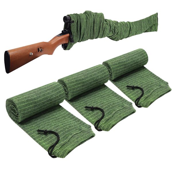 3pcs Gun Socks Shotgun Cases Rifle Pistol Sleeves 137x10cm Airsoft Handgun Storage Protector Silicone Treated Fabric Knit with Drawing Closure Green