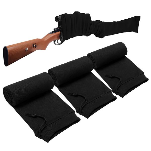 3pcs Gun Socks Shotgun Cases Rifle Pistol Sleeves 137x10cm Handgun Airsoft Storage Protector Silicone Treated Fabric Knit with Drawing Closure Black