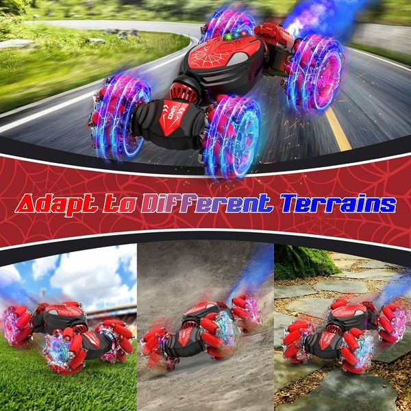 Remote Control Car with Cool Light, Spray Drift Hand Controlled Car, 2.4Ghz Rechargeable RC Car, Birthday Gifts for Boys 6-12 (Red and Black)