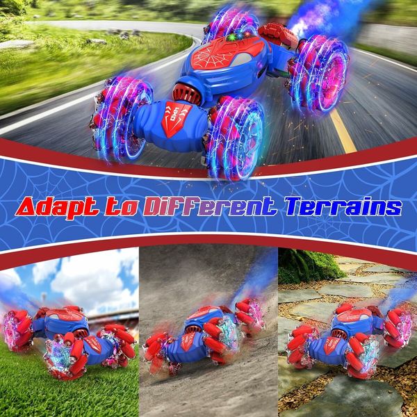 Remote Control Car with Cool Light, Spray Drift Hand Controlled Car, 2.4Ghz Rechargeable RC Car, Birthday Gifts for Boys 6-12 (Red and Blue)