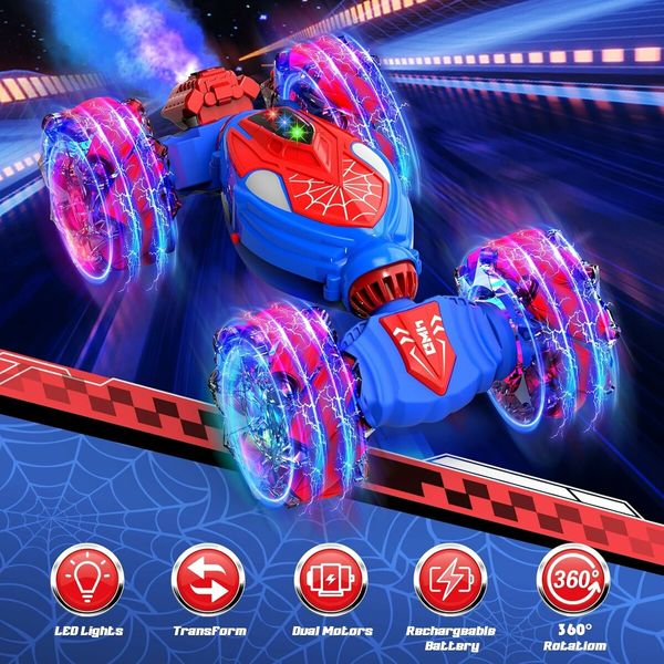 Remote Control Car with Cool Light, Spray Drift Hand Controlled Car, 2.4Ghz Rechargeable RC Car, Birthday Gifts for Boys 6-12 (Red and Blue)