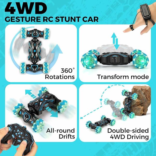 Gesture Sensing Remote Control Stunt Car Toys, 2.4gHz 4WD Hand Controlled 360 Degree Rotating Transform Drift Car Birthday Gift for Kids (Blue)