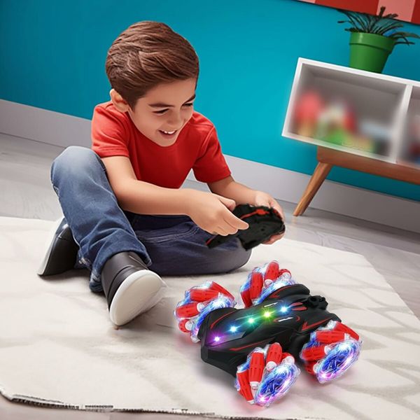 Gesture Sensing RC Stunt Car with Lights & Music, Hand Gesture Remote Control Car Toy with 360 Degree Spins Birthday Toys Gifts for Kids (Red)