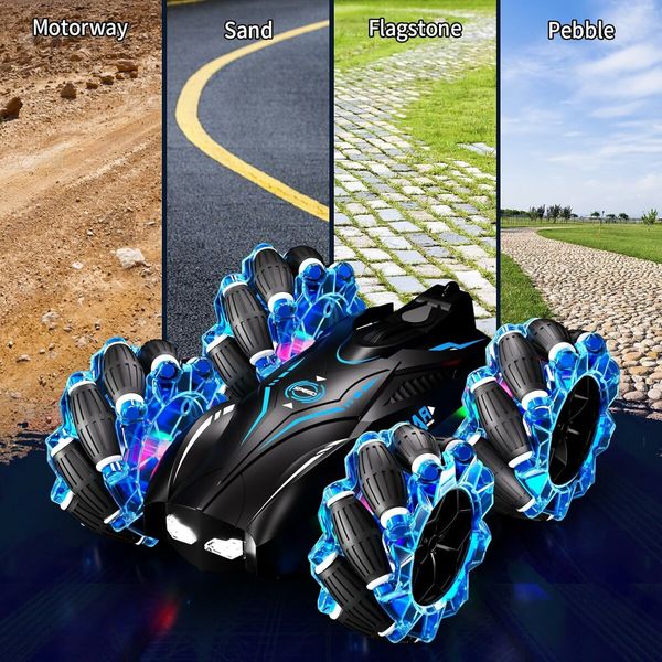 RC Gesture Sensing Stunt Car, 2.4GHz 4WD Remote Control Car with Cool Light, Double Sided Rotating Off Road Vehicle 360 Degree Flips Cars (Blue)