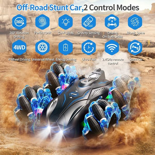 RC Gesture Sensing Stunt Car, 2.4GHz 4WD Remote Control Car with Cool Light, Double Sided Rotating Off Road Vehicle 360 Degree Flips Cars (Blue)