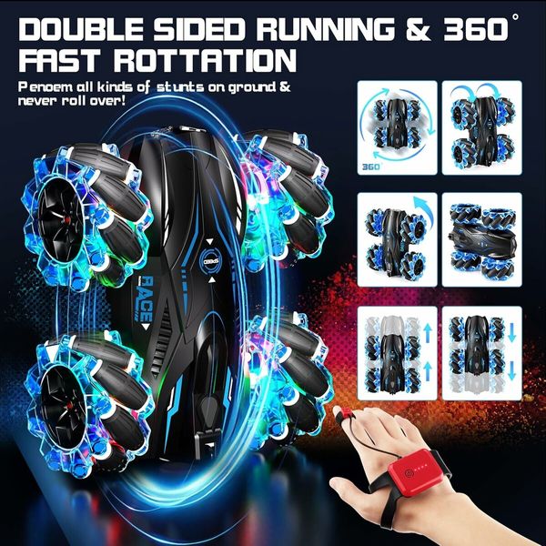 RC Gesture Sensing Stunt Car, 2.4GHz 4WD Remote Control Car with Cool Light, Double Sided Rotating Off Road Vehicle 360 Degree Flips Cars (Blue)