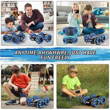 RC Gesture Sensing Stunt Car, 2.4GHz 4WD Remote Control Car with Cool Light, Double Sided Rotating Off Road Vehicle 360 Degree Flips Cars (Blue)