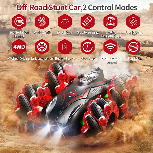 RC Gesture Sensing Stunt Car, 2.4GHz 4WD Remote Control Car with Cool Light, Double Sided Rotating Off Road Vehicle 360 Degree Flips Cars (Red)