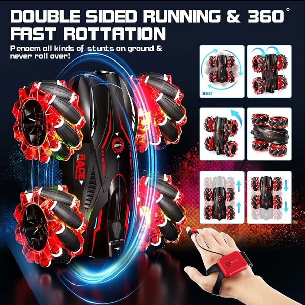 RC Gesture Sensing Stunt Car, 2.4GHz 4WD Remote Control Car with Cool Light, Double Sided Rotating Off Road Vehicle 360 Degree Flips Cars (Red)